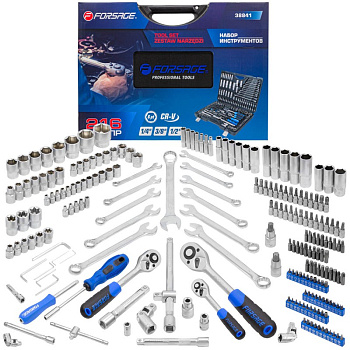 Набор инструмента 216пр.  1/4'', 3/8'', 1/2''(6гр.)(4-32мм)(NEW) Forsage F-38841-5